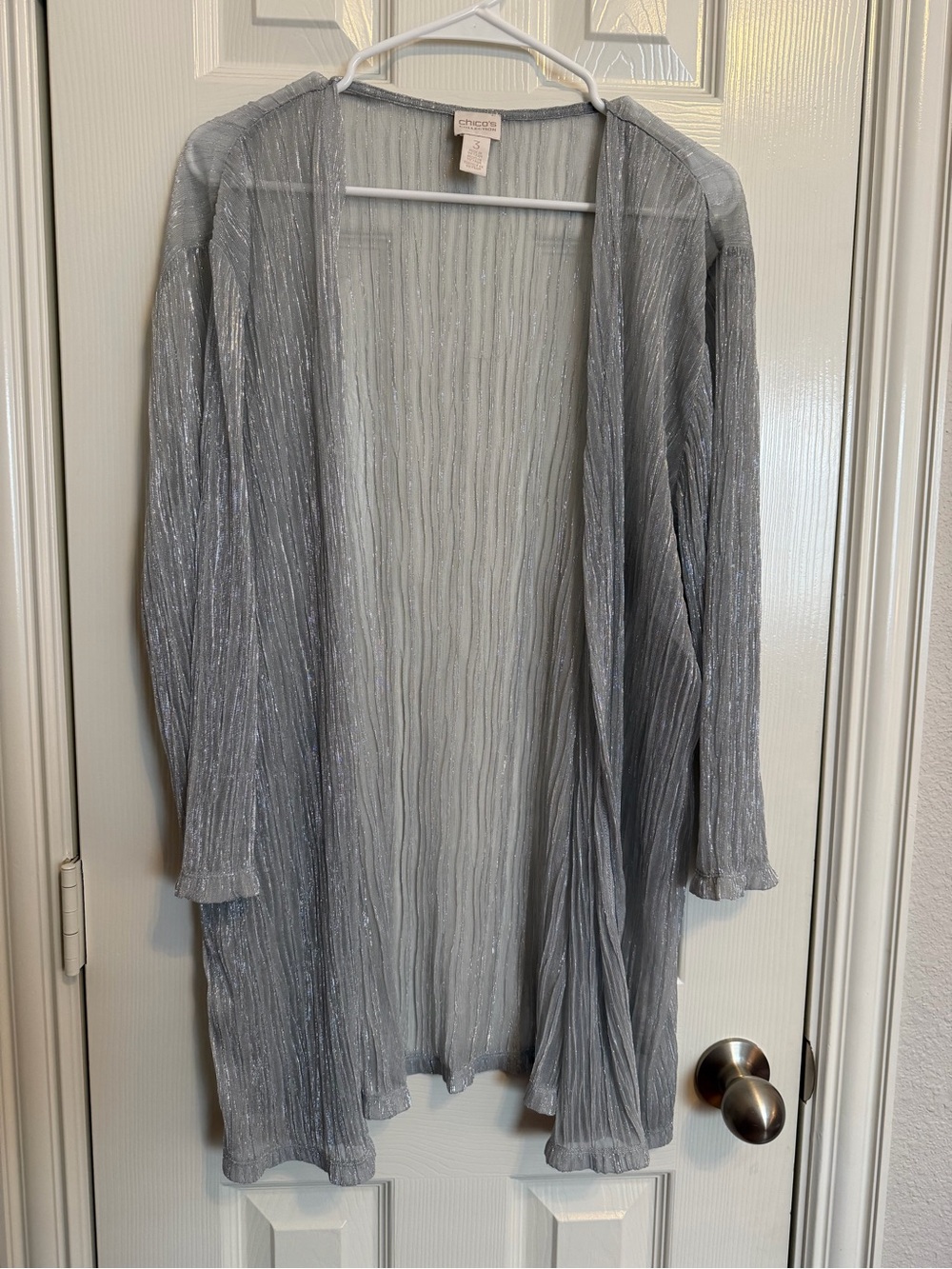 Chico's Silver Sheer Open Cardigan with Metallic Thread
